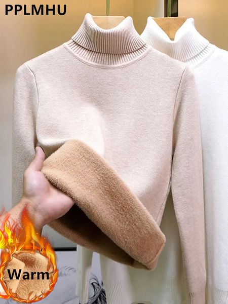 Suéteres femininos gola alta camisola de inverno mulheres elegante engrossar veludo forrado quente suéter de malha pulôver slim tops jersey malhas jumper 231019
