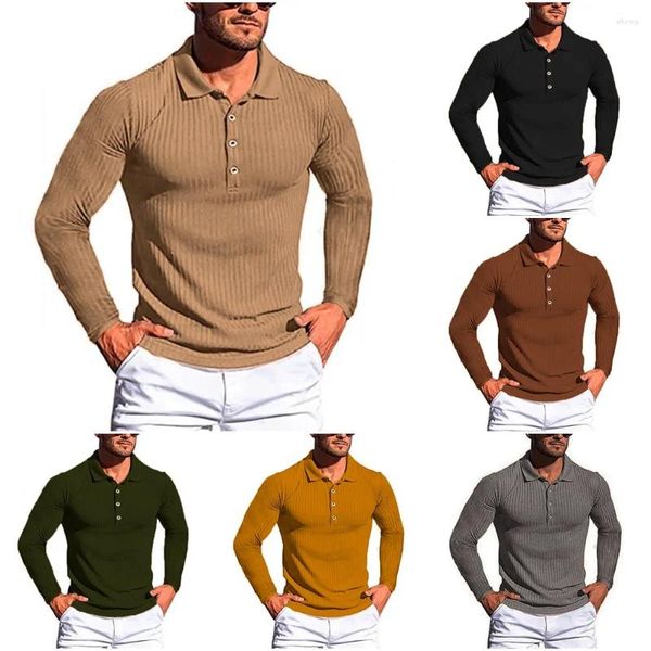 Polos masculinos de alta estiramento listra camisas polo homens magro manga longa tops camiseta lapela elástico com nervuras respirável jersey casual malha