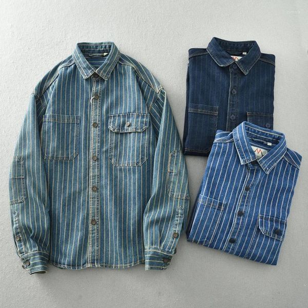 Camisas casuais masculinas pesado japonês vintage lavado listra vertical denim camisa solta tamanho grande algodão jaqueta de mangas compridas