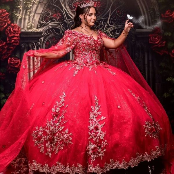 Rotes, glänzendes Prinzessin-Tüll-Ballkleid aus der Schulter, Quinceanera-Kleider mit Applikationen, 3D-Blumen mit Umhang, Ballkleid, Vestidos de 15 Jahre