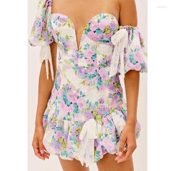 Vestidos casuais fantasia assimétrica slash neck floral impresso a-line vestido verão rendas até bolha manga babados saias plissadas