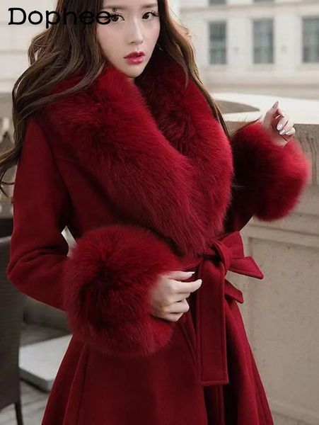 Mulheres misturas vermelho luxo gola de pele quente casaco de lã para mulheres solto emagrecimento elegante cinto cintura longa cashmere casacos de inverno 231018