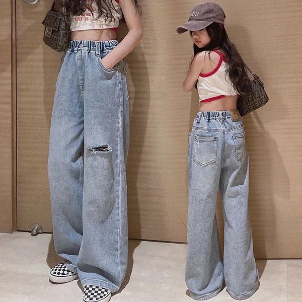 Jeans primavera Vestiti per ragazze Bambini dritto Strappato Foro Jeans larghi Pantaloni a vita elastica Bambino Teen Denim Pantaloni a gamba larga miss 231019