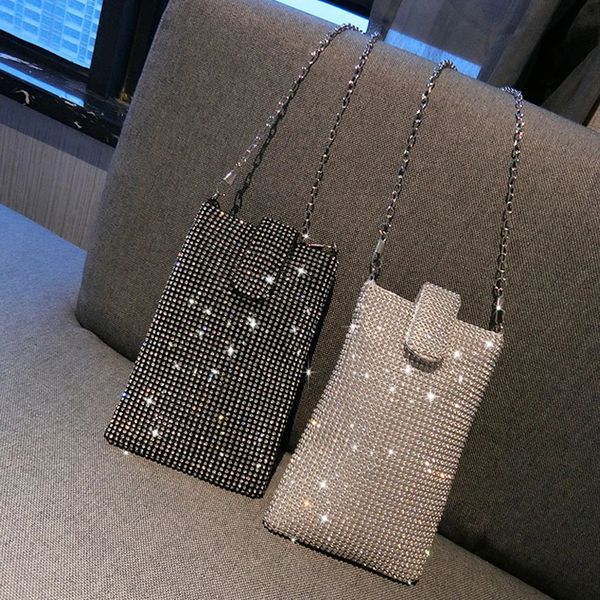 Borse da sera Mini Borse a tracolla Ragazze Borse incrociate con strass argento lucido Borsa a tracolla nera a catena lunga Borsa per cellulare Donna 231019