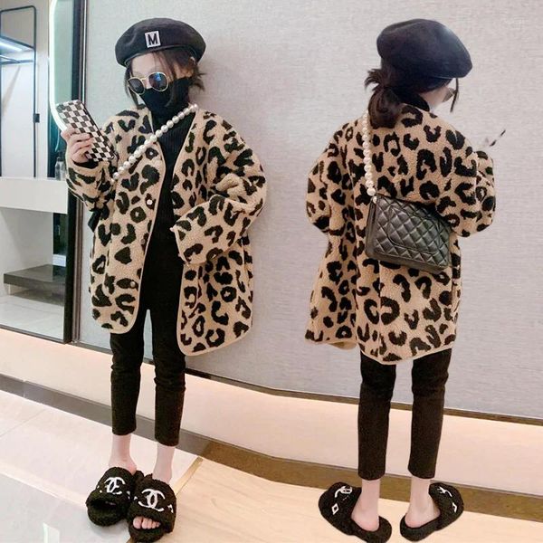 Jacken European American Girls Leopard Print Mantel Kinder Warme Strickjacke Bluse Herbst Winter Teenager Mädchen Jacke Oberbekleidung Kleidung