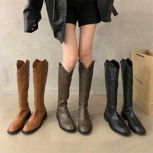 Botas superiores de salto grosso marrom com boca em v meia manga longa sapatos femininos novo outono inverno reto versátil cavaleiro