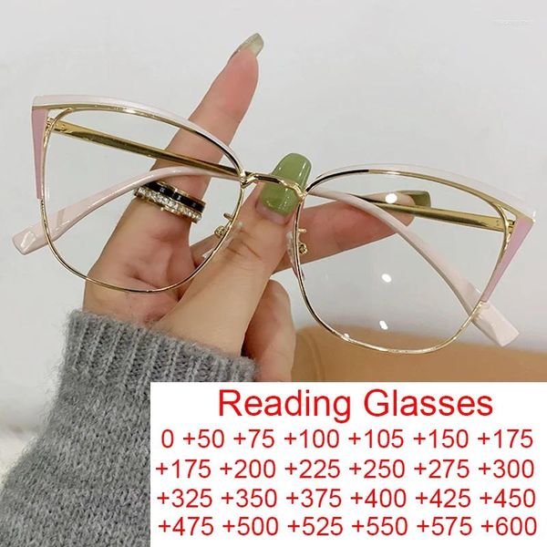 Güneş gözlüğü kedi göz anti -mavi ışık okuma gözlükleri kadın marka tasarımcısı çift renkler metal çerçeve moda pembe optik gözlük gösterisi