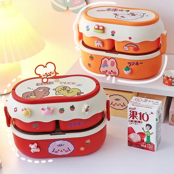 Bento Boxes Портативный Kawaii Ланч-бокс для девочек Школьные дети Пластиковые микроволновые печи для пикника Еда с отделениями Контейнеры для хранения 230819