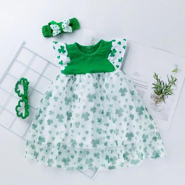 Vestidos de menina para meninas, verão, estampa verde, gola pequena, manga voadora, saia de balanço, capa de cabeça, camiseta listrada, vestido azul-petróleo para crianças pequenas