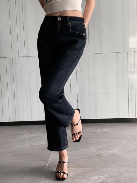 Jeans feminino elegante charme cintura alta nove minutos para mulheres perna reta jeans-forgunroses
