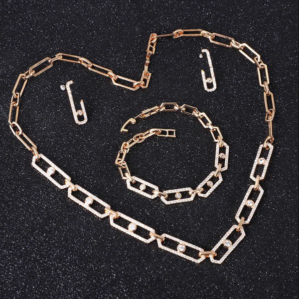 Geometria francesa mover link único diamante micro incrustações diamantes pingente feminino colar brincos pulseira conjunto de jóias combinação mek28