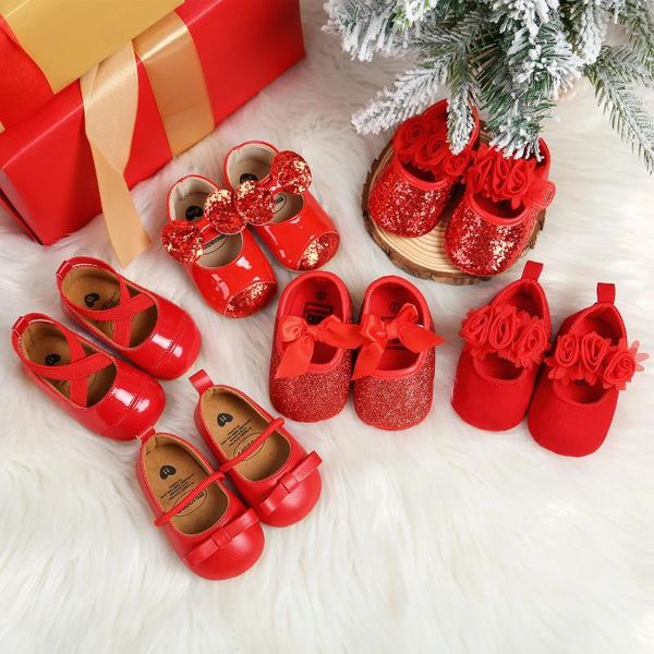 First Walkers Ankünfte Weihnachten Rote Babyschuhe Prinzessin Kleid Party Born Flats Einzelne weiche Sohle