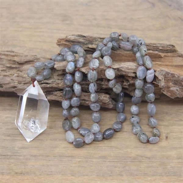 Colares de pingente Handmade Nó Colar Natural Labradorite Nugget Chip Beads Cristal Quartzo Ponto Duplo Pingentes Mala Yoga Jewe268p