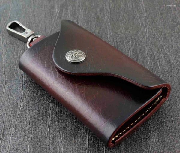 Porte-clés en cuir véritable portefeuille hommes femmes porte-clés porte-chaîne étui marron KW2