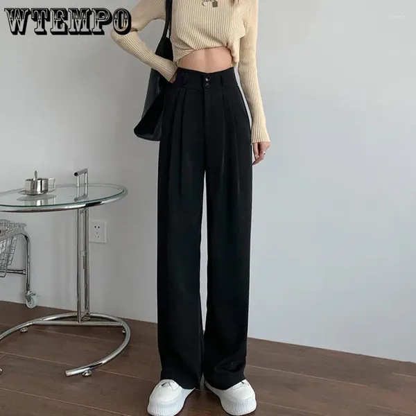 Damenhosen WTEMPO Frauen Anzug Knöpfe Schwarz Breite Beinhose Vintage Street Wear Koreanische Mode Büro Weibliche Arbeitsböden Großhandel