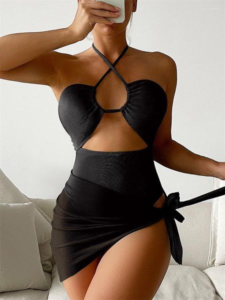 Costume da bagno intero da donna 2023 da donna Costume da bagno intero da donna Solido nero a costine Halter Bandage Monokini Costume da bagno sexy con gonne Donna