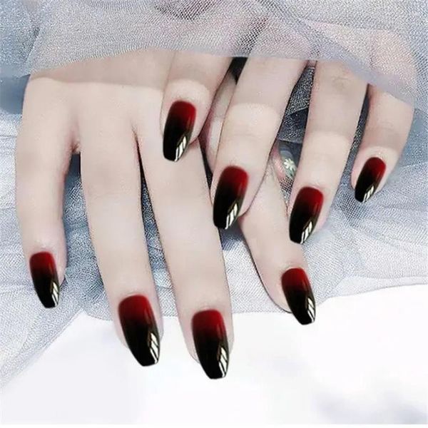 Pregos Falsos Preto-Vermelho Gradiente Quadrado Forma de Caixão Bailarina Estilo Francês Nail Art Patch Extensões Cobertura Completa Ponta de Manicure