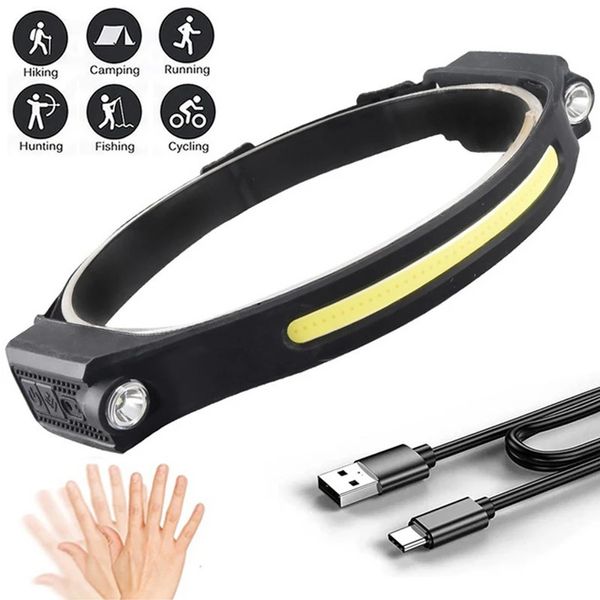 Gadget da esterno Lampada frontale con sensore LED COB Lampada frontale ricaricabile a induzione USB Torcia a forte luminosità Torcia da lavoro Lampada frontale per campeggio 231018