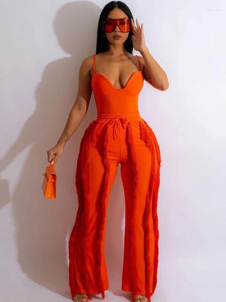 Calças femininas de duas peças laranja sexy borla conjuntos de roupas femininas 2023 streetwear sem alças cortadas top e calça de cordão feminino