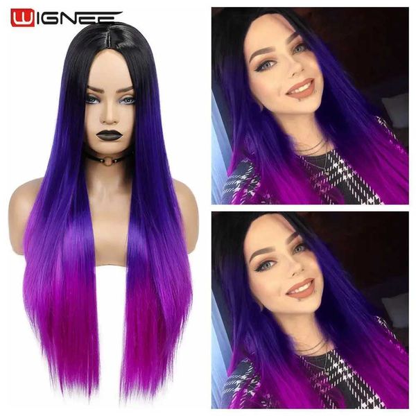 Perucas sintéticas wignee longa reta sintética ombre cabelo roxo para mulheres parte média resistente ao calor fibra festa pacote diário 230227