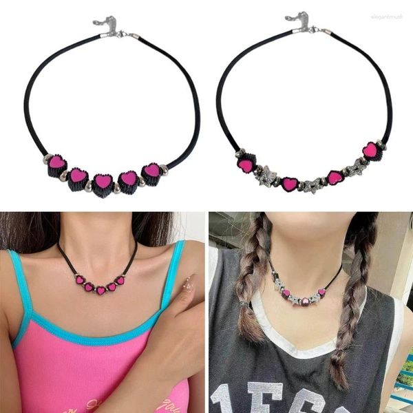 Anhänger Halsketten Einzigartige schwarze Seil Halskette Rosa Herz Schlüsselbein Kette Süße und coole Halsband Exquisite Charm Schmuck Y08E