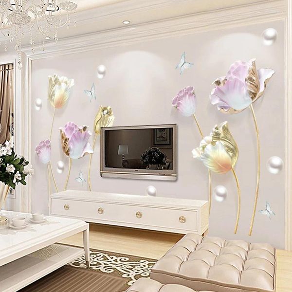 Adesivi murali Murales 3D Tulipani Fiori Farfalle Decalcomanie Soggiorno Decorazione Sfondo Corridoio Art Poster Decorazioni per la casa