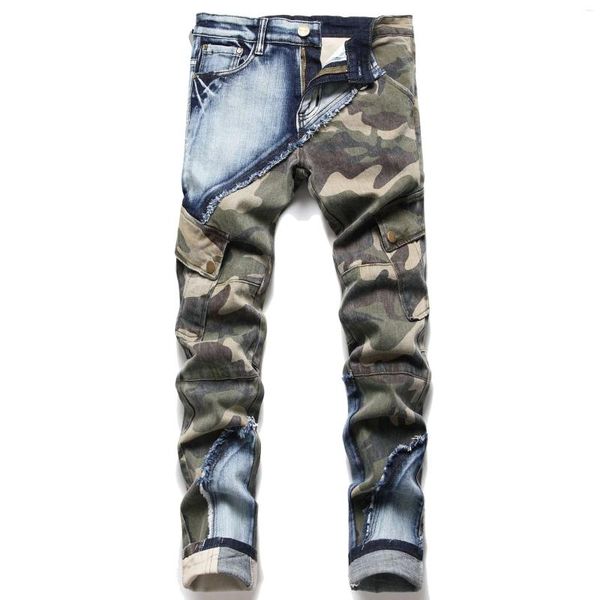 Jeans masculinos costura cor camuflagem retalhos streetwear lavado high street denim calças multi bolsos para masculino