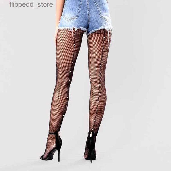 Sexy meias 2021 venda quente design vintage linha traseira costura meia-calça sexy feminino diamantes fishnet meia brilhante collants preto beading collant q231019