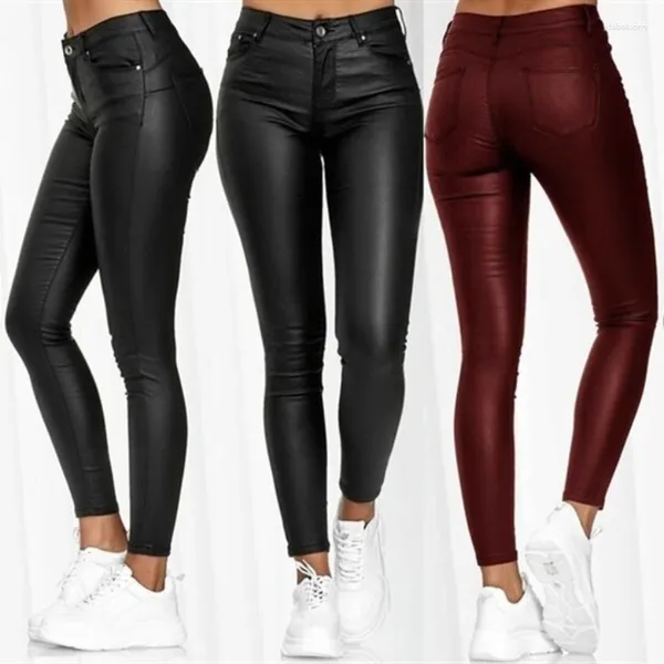 Leggings femininas Plus Size S-3XL Mulheres PU Couro Primavera Outono Moda Casual Sexy Cintura Alta Slim Skinny Calças Elásticas Vinho Preto