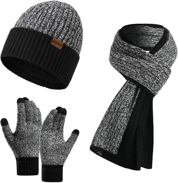 Chapéus cachecóis conjuntos de malha quente masculino scaves e gorro chapéu luvas conjunto com luvas touchscreen inverno grosso velo forrado pescoço gaiter boné luvas 231019