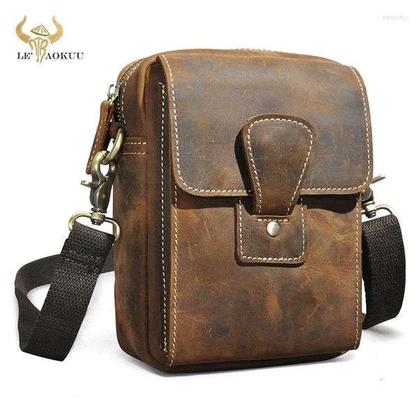 Sacos de cintura Natural Crazy Horse Couro Viagem Vintage Fanny Belt Bag Pack Sling Design Phone Cigarette Case para Homens Masculino 1535