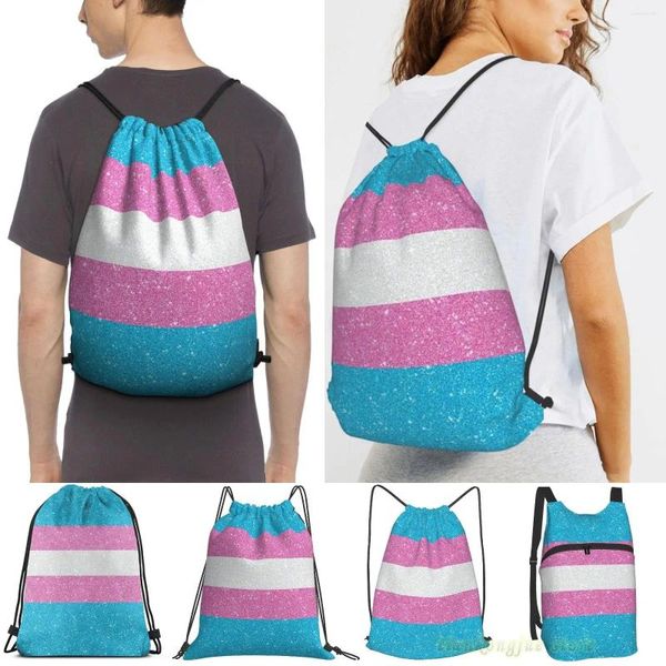 Borse per la spesa Glitter Transgender Pride Flag Uomo Borsa da palestra da viaggio all'aperto Zaino impermeabile con coulisse Donna Fitness Nuoto