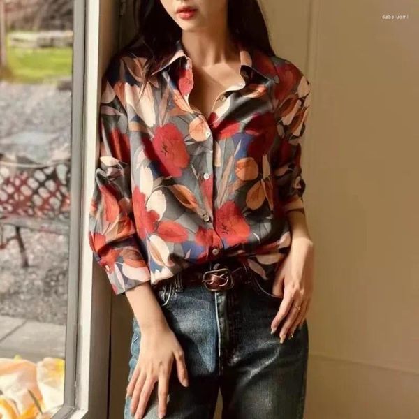 Blusas femininas camisa de cetim impresso vintage solto moda primavera/verão 2023 senhoras roupas elegantes floral mangas compridas topos