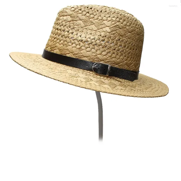 Береты LUCKYLIANJI, летняя женская и мужская унисекс, пляжная шляпа-федора из рафии, панамская шляпа с широкими полями, кожаный ремень с вырезом (58 см)