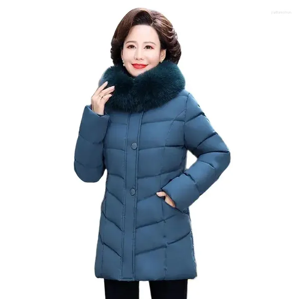 Casacos de Trench das Mulheres Moda Algodão-acolchoado Mulheres Curto Down Jacket Western-Style Mães Casaco Com Capuz Com Grande Gola De Pele Quente Jacke