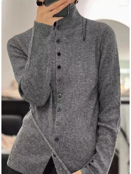 Cardigan da donna in maglia Europa Station in puro cashmere dolcevita temperamento autunnale e invernale con cappotto maglione grigio pigro
