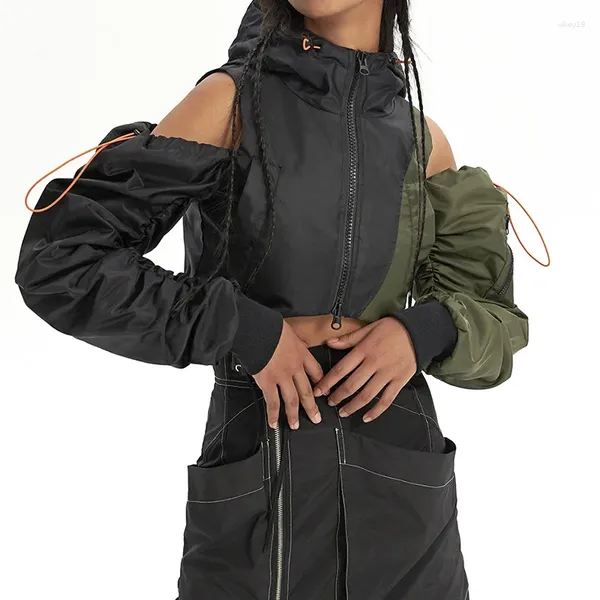 Женские куртки, сексуальная укороченная университетская куртка с открытыми плечами, женская осенняя уличная одежда 2023 года, бомбер с длинными рукавами и завязками в стиле пэчворк Y2K