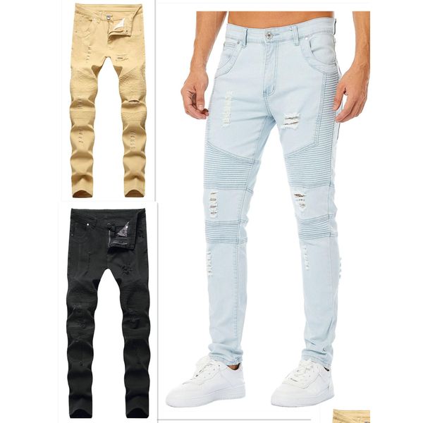 Jeans skinny neri da uomo Biker Jean Slip Blue Khaki Destroyed Mens Slim Denim Straight Ins Strappato Abbigliamento Pantaloni Consegna di goccia