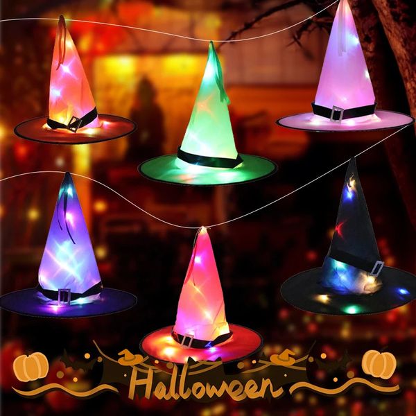 Brinquedos de Halloween 10 PCS Decoração de Halloween Chapéu de Bruxa Luzes LED Chapéu de Bruxa de Halloween para Crianças Festa de Halloween Adereços Ao Ar Livre Árvore Pendurada Ornamento 231019