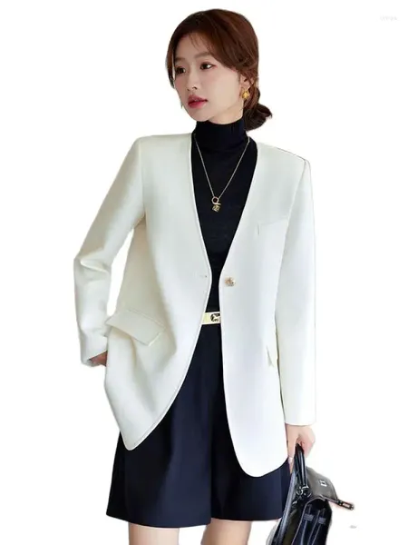 Abiti da donna Elegante abito casual di fascia alta Top Blazer Primavera Autunno Nero Bianco One Button Scollo a V Giacca da pendolarismo Abbigliamento da ufficio femminile