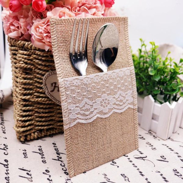 Decoração de festa 20 peças bolsa de serapilheira de renda vintage juta hessian faca garfo suporte rústico casamento aniversário saco de talheres