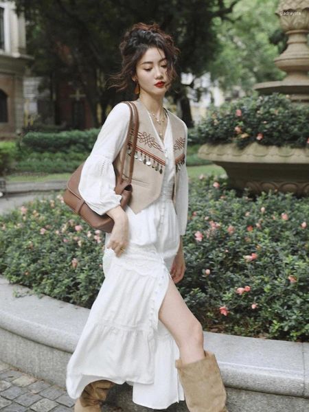 Calças femininas primavera outfit boêmio estilo étnico saia longa conjunto yunnan turismo francês pequeno perfumado vestido de renda branca para mulheres