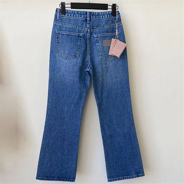 Blaue Damen Schlaghose Jeans Hose Buchstabe Luxus Frau Denim Nine Quarter Hose Lässige trendige Jeanshose Größe 25 26 28 28 29 30