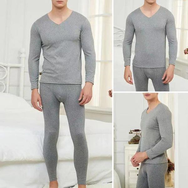 Roupa interior térmica masculina inverno longo johns conjunto com decote em v fino ajuste elástico velo manter quente grosso thermo homewear