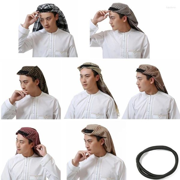 Berets Homens Árabes Lenço de Cabeça Respirável Pescoço Envoltório com Corda Aqel Xadrez Impressão Turbante Médio Oriente Headcover Traje Árabe