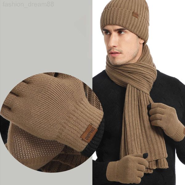 Atacado OEM Homens Crianças Acrílico Costela Malha Gorro de Inverno Chapéu Cachecol e Conjunto de Par de Luvas com Remendo de Couro Personalizado