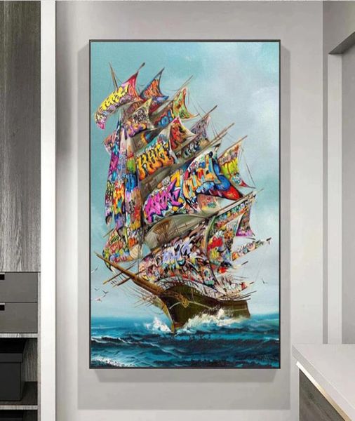 Tempesta sul mare Graffiti Art Nave pirata Vintage Canvas Painting Poster e stampe Living Room Art Decorazione della parete Painting6702100