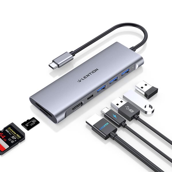 LENTION Hub multiporta USB C con 4K HDMI, 3 USB 3.0, lettore di schede SD/Micro SD, compatibile con MacBook Pro 2023-2016 PD da 100 W, nuovo Mac Air, altri dispositivi di tipo C, adattatore driver stabile