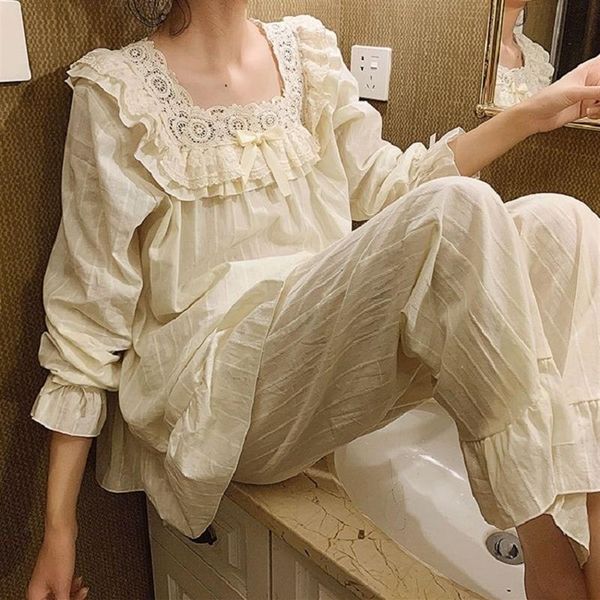Pigiama da donna vintage ricamato Set dolce femminile bianco confortevole pigiama in cotone morbido manica lunga pigiameria 201113175I