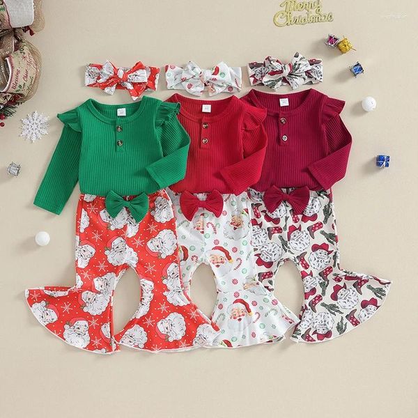 Kleidungssets Geborenes Baby Mädchen Weihnachtsoutfit Langarm-Strampler mit Santa-Print-Schlaghose und Stirnband-Säuglingsset